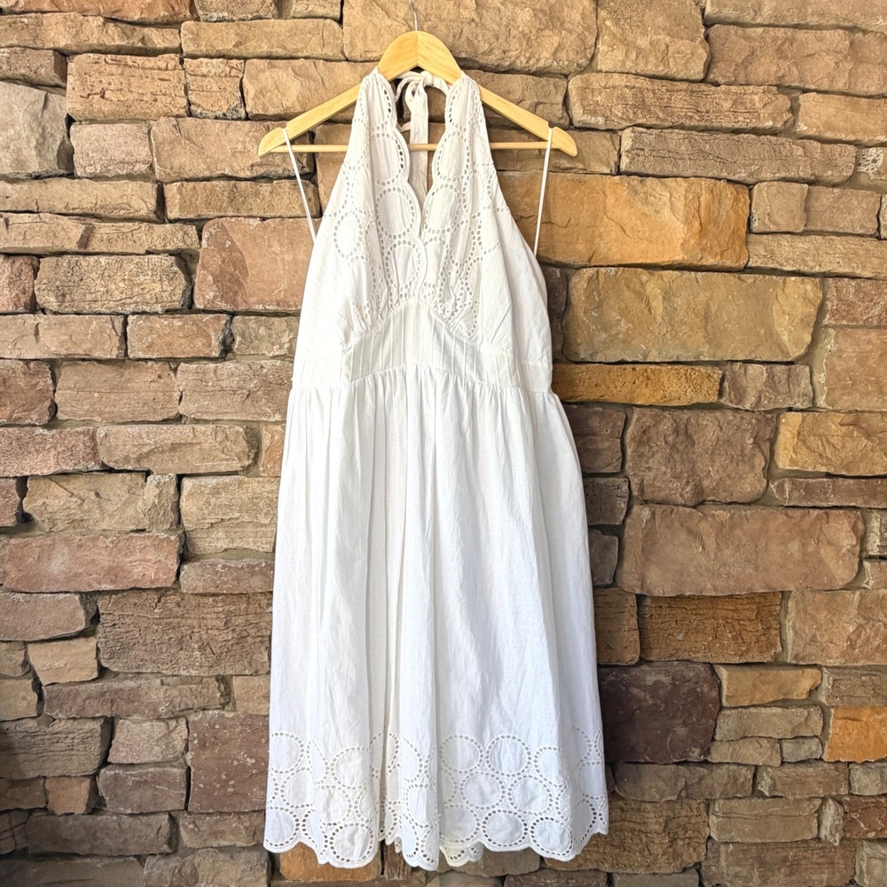 Lane Bryant Women 16 Dress White Eyelet Halter Smocked Cotton Lined Midi Cottage - Picture 2 of 11
